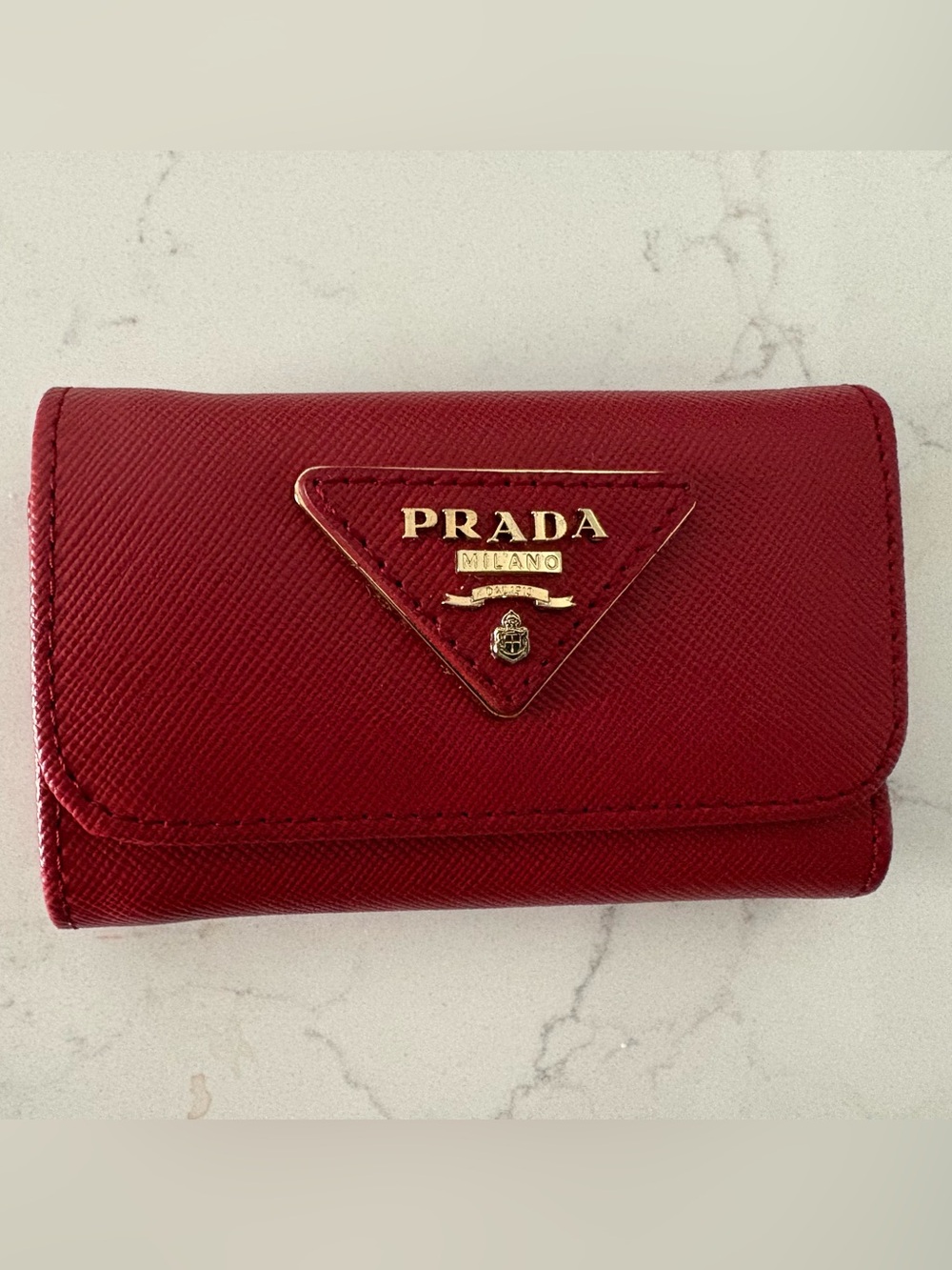 Prada Red Saffiano Leather Trifold Wallet with Gold Logo NWOT